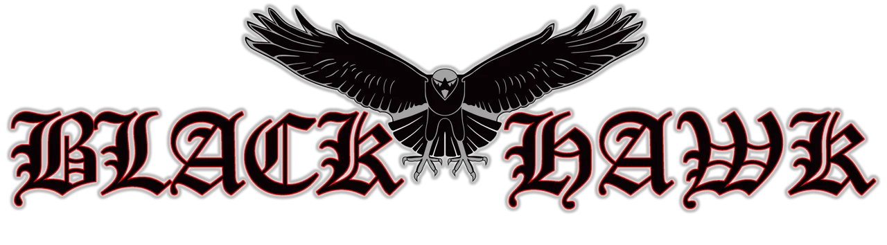 Logo of the band Black Hawk. "Black Hawk" in black old english letters with red edging. Between the two words is a black hawk with spread wings.