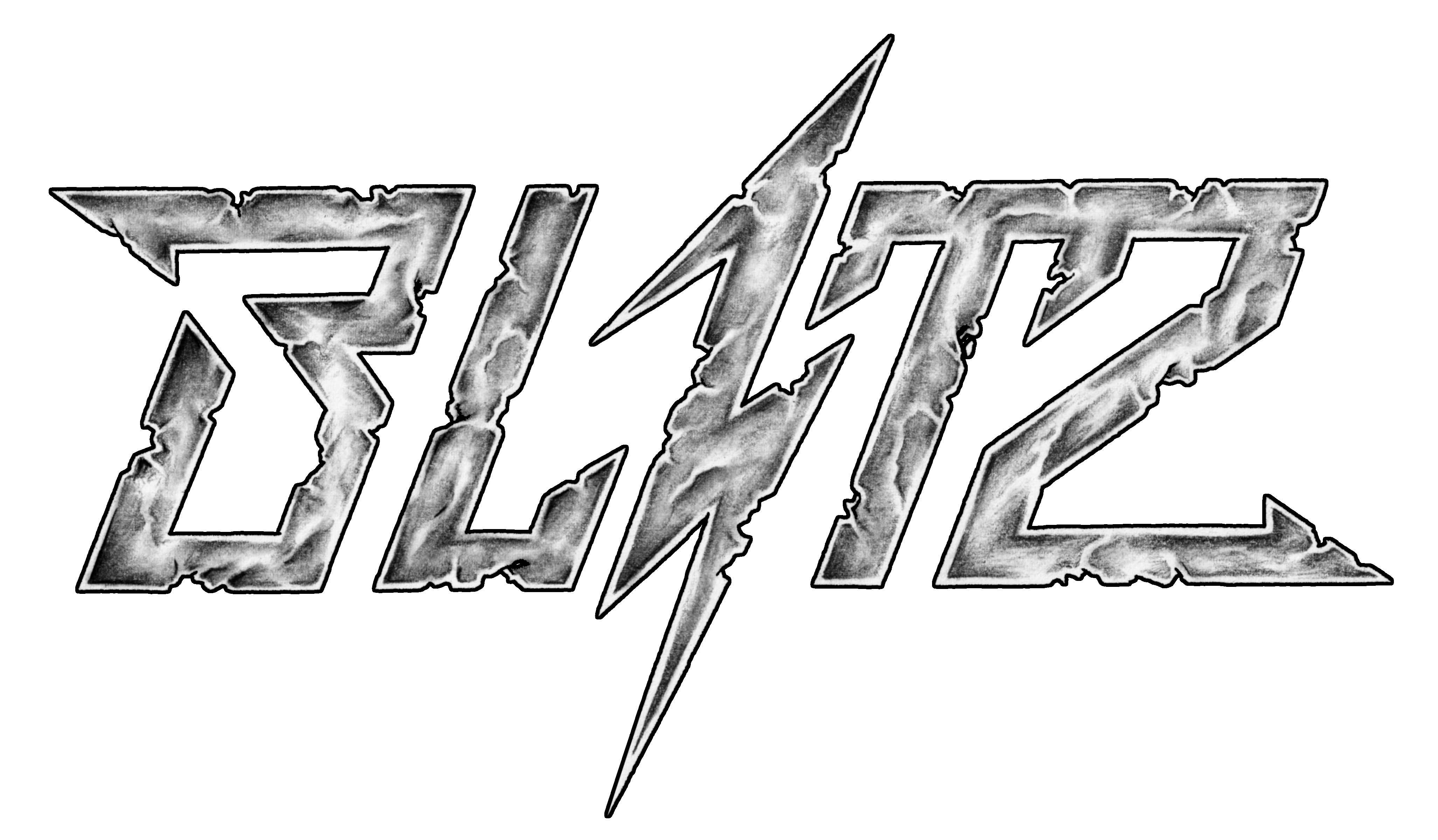 Blitz band logo.
Blitz in angular capital letters; the I is a jagged lightning bolt.
The logo has gray tones like stones; pieces have broken off the letters, and cracks are visible.