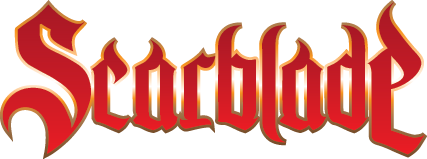 Scarblade Logo.
Scarblade geschrieben in roter Schrift mit einer gold-glänzenden Umrandung.