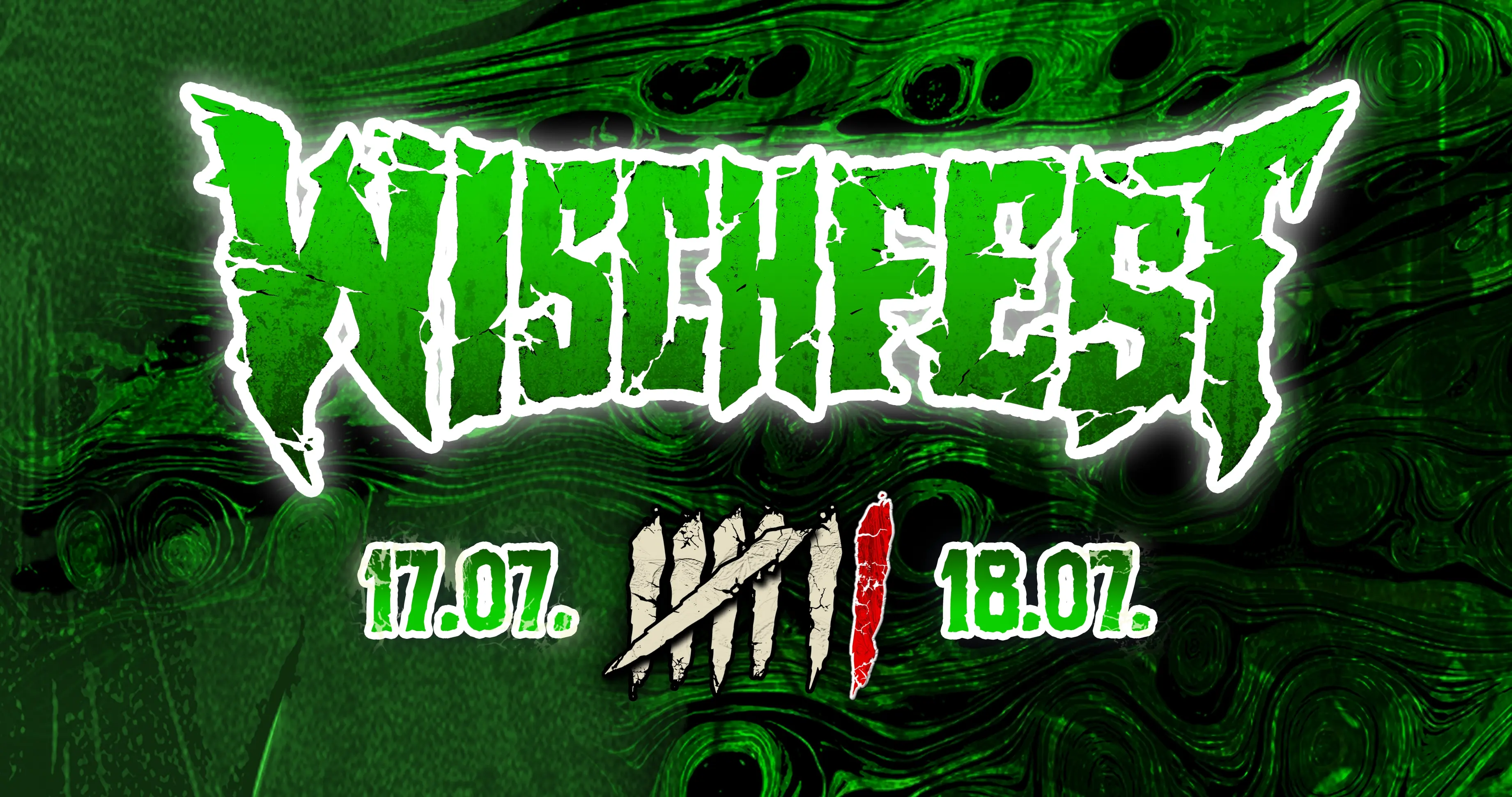 Wischfest Logo in grün auf grünem, abstrakten Hintergrund.
17.07. - 18.07. 
Sieben Kratzer, der 7. Ist rot.